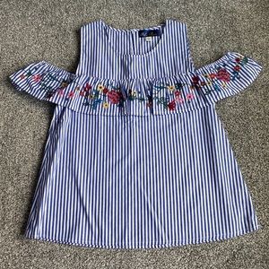 Blue and white striped, flower embroidery top.